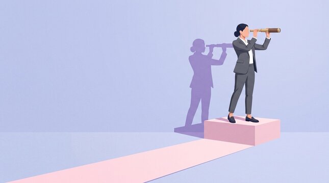 Businesswoman standing on podium looking through telescope, transparent background PNG vector for corporate vision and future planning concepts