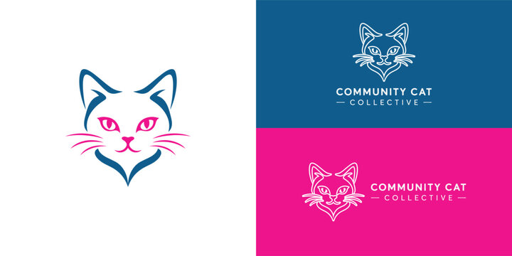 A minimalist cat head logo featuring smooth blue curves defining the ears and chin, with vibrant pink eyes, nose, and whiskers on a clean white background.