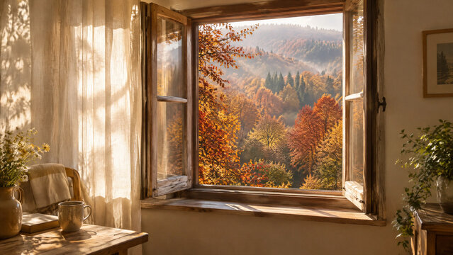Open window overlooking a vibrant autumn forest landscape with warm golden sunlight streaming inside