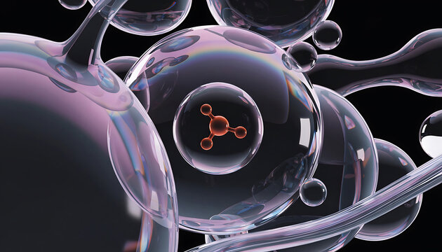 Abstract microscopic view of translucent cells and cellular structures on dark