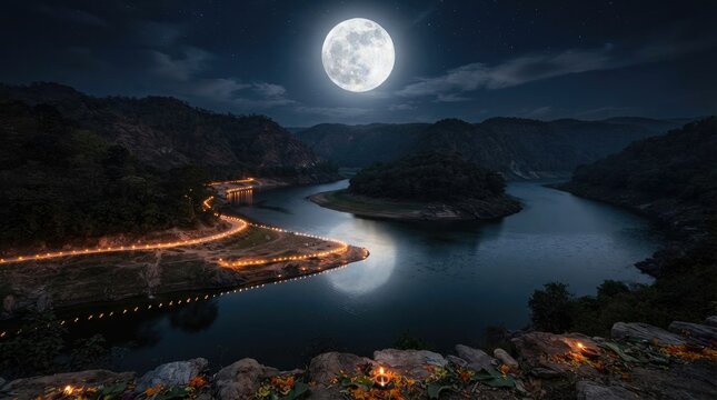 Full moon shining over dark river winding through mountain landscape with glowing diya lights along grassy riverbank.