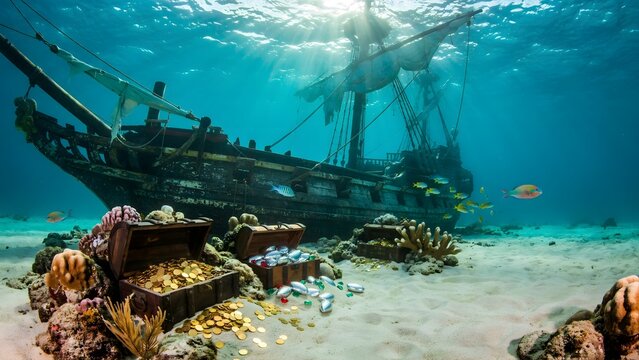 Sunken Pirate Shipwreck Resting on Ocean Floor with Treasure Chest and Coral Reef