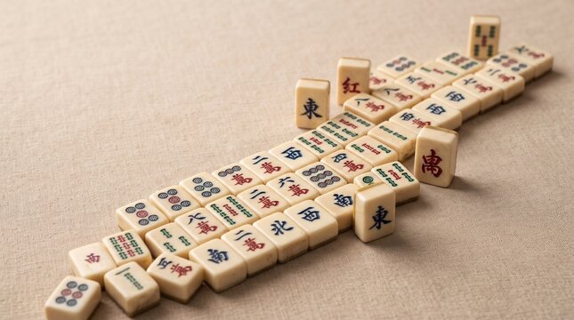 Close-up of vintage mahjong tiles arranged neatly on a beige textured cloth background