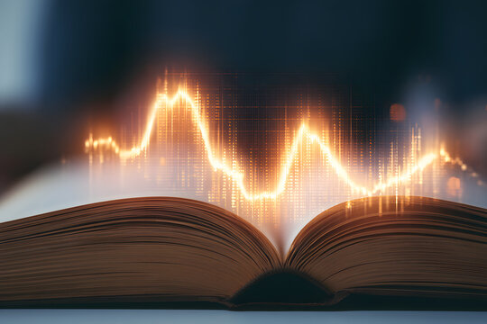 Visible book displays illuminate stock market data. Signs point to financial advancement and educational concepts. Enhancing financial acumen and investment strategies.
