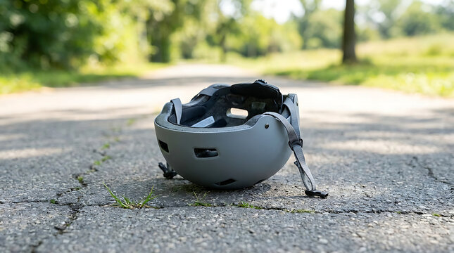 A grey bicycle helmet sitting on a paved outdoor trail