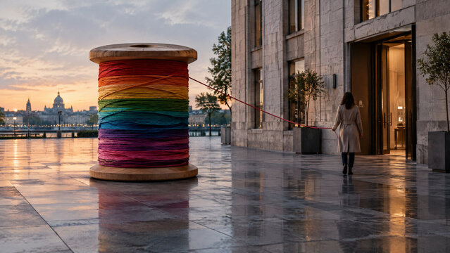 Large rainbow colored thread spool sculpture standing on a city plaza at sunset with a woman walking