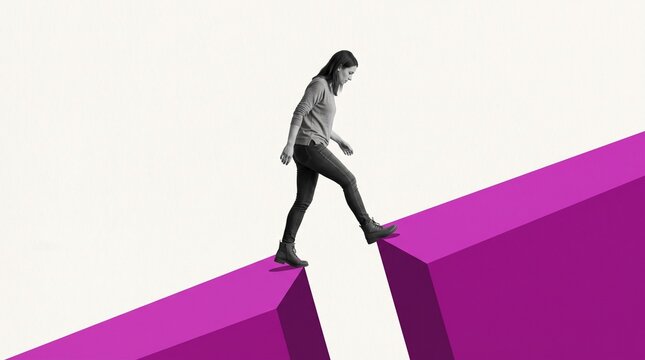 Woman walking on edge of magenta blocks, transparent background PNG vector for business risk assessment and challenge concepts