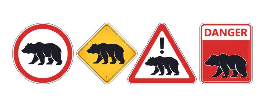 Vector set of information and warning signs. Wild danger animal. Black silhouette of grizzly bear. Circle, triangle, rhombus and rectangle. Collection of road signs. Isolated background