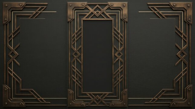 Art deco style bronze geometric frame on dark background with geometric ornamental sophisticated metallic template