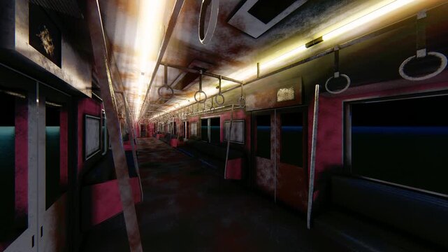 廃墟化した恐怖の電車内、錆びた車両の3DCGホラーアニメーション