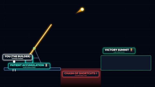 Conceptual 2D Animation Illustrating Strategic Patience with a Trebuchet Launching a Projectile Over the Chasm of Shortcuts Toward a Victory Summit and Long-Term Success Goals