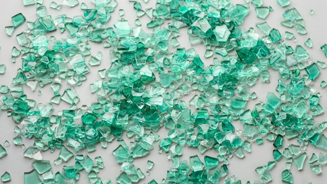 Shattered Green Glass Fragments Spread on White Surface for Artistic Design