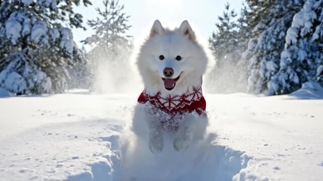 Joyful Samoyed Dog Running Through Snowy Winter Forest