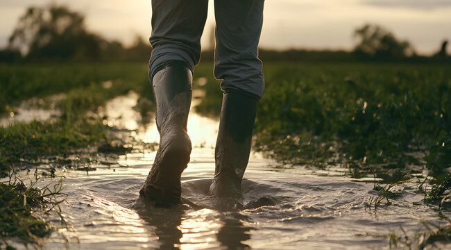 A person in muddy rubber boots stands in a flooded agricultural field. Exploration of the waterlogged rural landscape follows heavy rain from climate change, which is evident as water levels rise in f