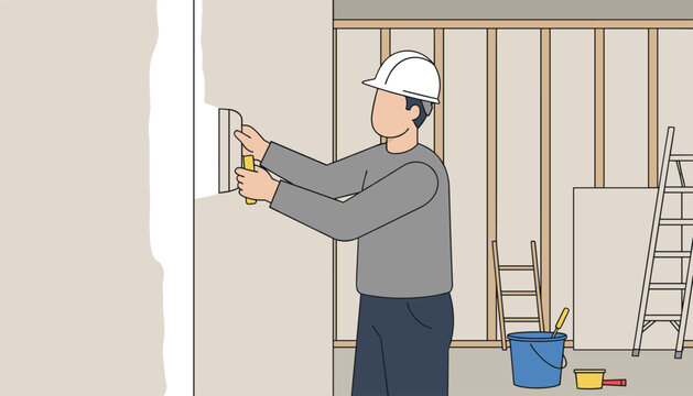 Construction worker wearing a hard hat uses a putty knife to smooth plaster on a drywall surface during a home renovation task.
