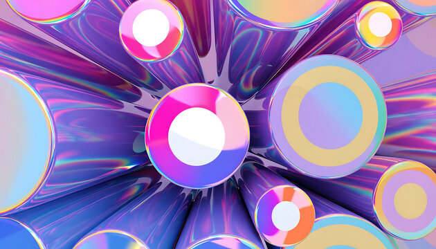 Abstract background featuring multiple glowing iridescent cylinders in purple tones