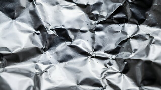 Close-up of Wrinkled Silver Aluminum Foil Surface for Creative Background