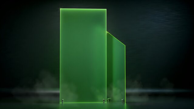 Modern minimalist green neon illuminated rectangular and parallelogram shapes on dark background