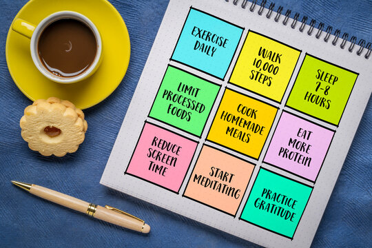 New Year resolutions for healthy lifestyle - set of inspirational notes with tips and guidelines.