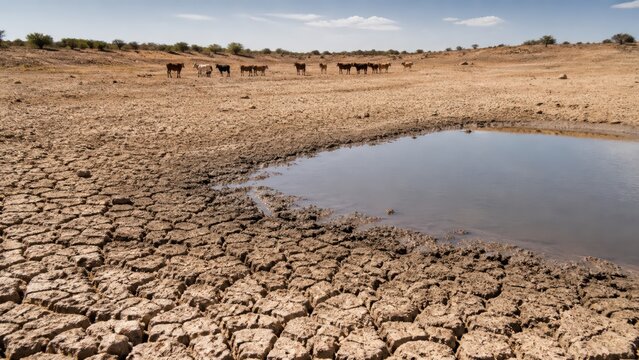 Environmental view of Severe drought at shrinking livestock pond