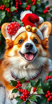 Furry corgi sporting festive holiday hat with pom-poms and bells on its head, surrounded by holly leaves and red berries, holiday, bells