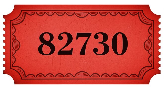 A bright red vintage ticket stub with ornate decorative borders and the number 82730 in bold black text. Perfect for events, raffles, admissions, lotteries, or numbered identification.