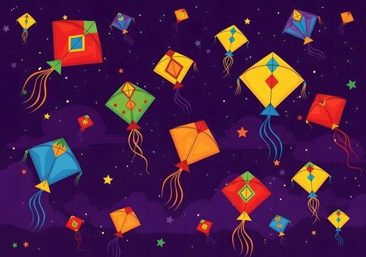 Colorful kites flying in night sky background
