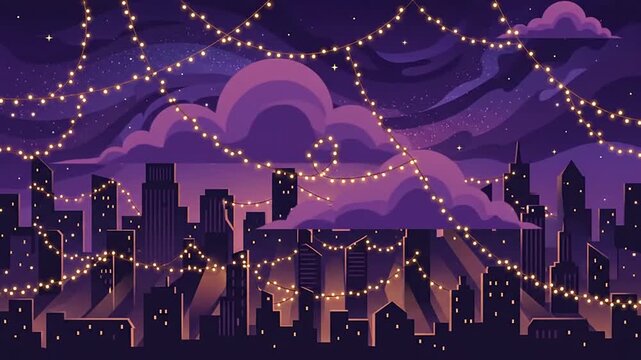 Animated City Skyline At Night With Glowing Fairy Lights