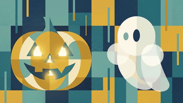 Animated jack o lantern pumpkin lighting up next to a friendly ghost