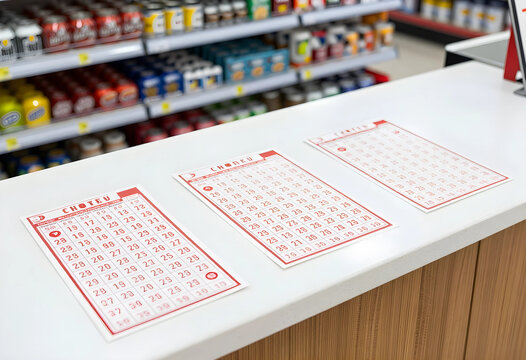 Lottery and gambling addiction, betting slips on a retail counter in a convenience store with blurred shelves of products in the background