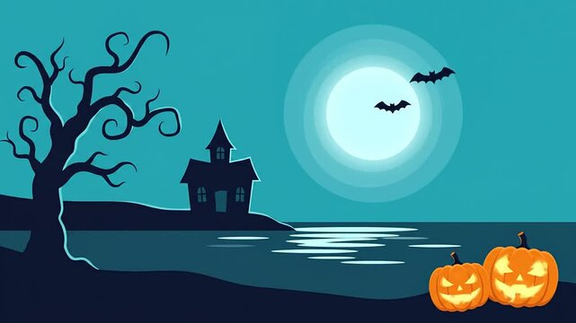 Halloween night scene with haunted house bats and glowing pumpkins