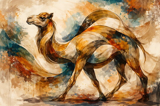 Expressive watercolor style camel with dynamic brushstrokes and warm colors.