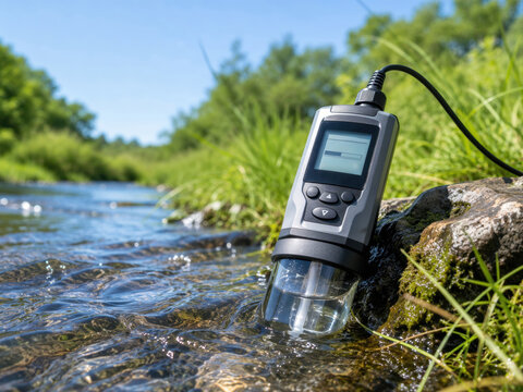 Digital water quality tester submerged in flowing stream.