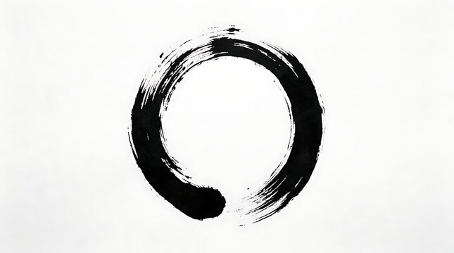 Hand drawn black ink enso circle symbol on a white paper background with textured brush strokes