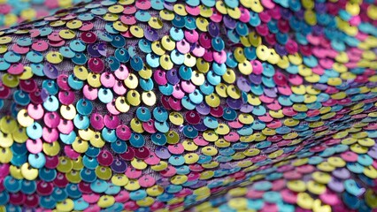 Obraz premium Colorful Sequin Fabric Texture in Pink, Blue, Yellow, and Purple Shades