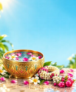 Traditional decorated water bowl with flower petals and a small floral garland positioned near the bottom, leaving broad clean space above, rendered in 3D style.