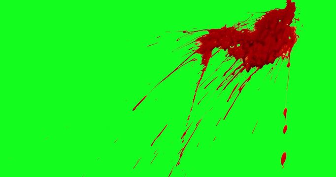 Realistic blood spray and droplets splashing on a chroma key green background. Captured on high speed camera, ideal for horror scenes, VFX work and cinematic overlays.