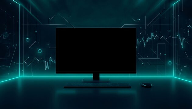 Computer monitor screen with blank display in dark room featuring neon digital data overlay computer technology interface hardware software innovation connectivity
