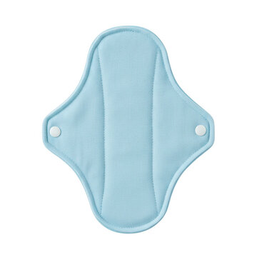 A single reusable cloth menstrual pad in light blue color with white snap buttons, designed for sustainable feminine hygiene and period care isolated on a transparent background
