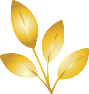 A decorative golden botanical branch with four elegant leaves featuring luminous metallic gradients and delicate central veins.