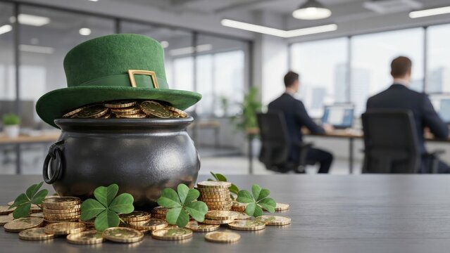 Green leprechaun hat on a pot of gold coins with clovers on an office desk