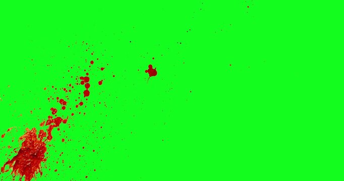 Realistic blood spray and droplets splashing on a chroma key green background. Captured on high speed camera, ideal for horror scenes, VFX work and cinematic overlays.
