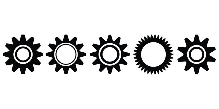 Industrial gear wheel icons with various cog designs for mechanical technology and engineering