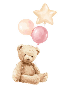 Cute Watercolor Teddy Bear with Pastel Balloons and Star, Vintage Baby Nursery Illustration for Birthday and Baby Shower