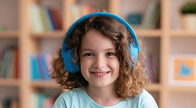 A young girl with curly hair wears blue headphones before a bookshelf. She smiles, either listening to audio, learning new information through educational media, or enjoying music or stories. The chil