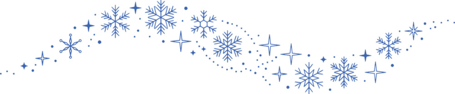 Blue snowflake border divider vector, decorative winter snow trail graphic, elegant Christmas sparkles flourish element, holiday frame design accent