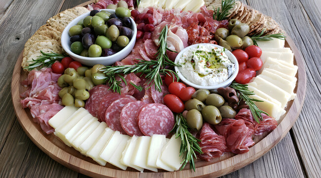 Circular charcuterie board presents a colorful spread of meats, cheeses, olives, and dip. Savory appetizer display, perfect for party events or gourmet gatherings.