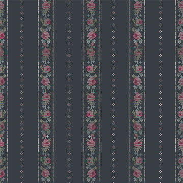 Cottagecore Rose Vertical Stripe Pattern, Vintage Cross Stitch Floral Border