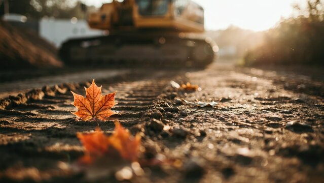 Fallen maple leaves on muddy construction site with excavator tracks