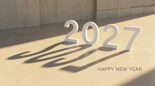 White 3D numbers 2027 standing on a beige surface with long shadows